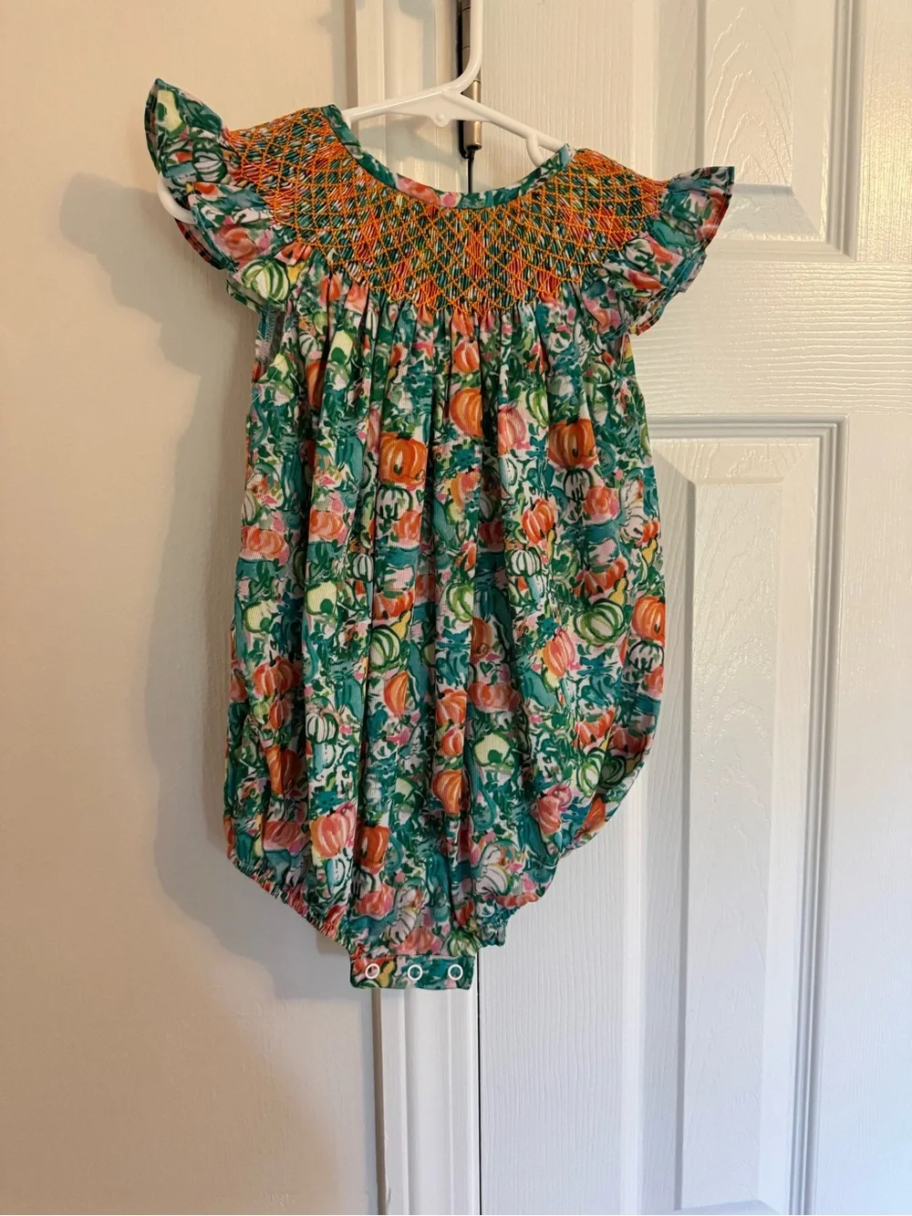 Fall Floral Green & Orange Pumpkin Smocked Baby One-Piece
